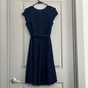 Eva Mendes Navy Lace Midi Dress